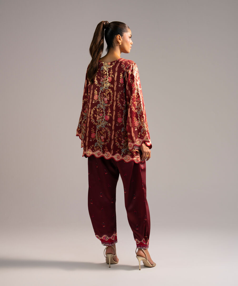 Women's RTW Blended Satin Printed Maroon 2 Piece Suit