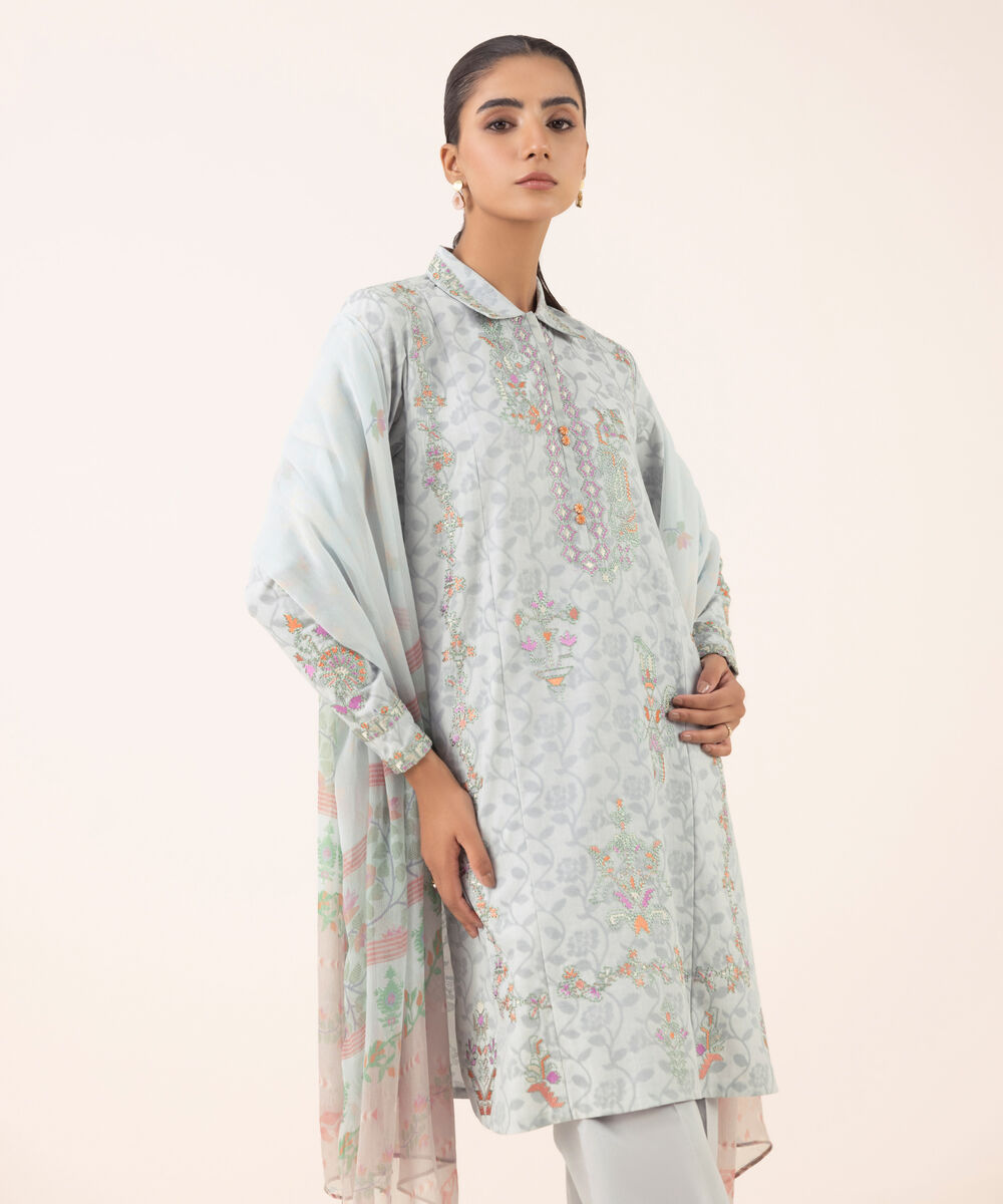 Women's Unstitched Jacquard Embroidered Aqua Three Piece Suit