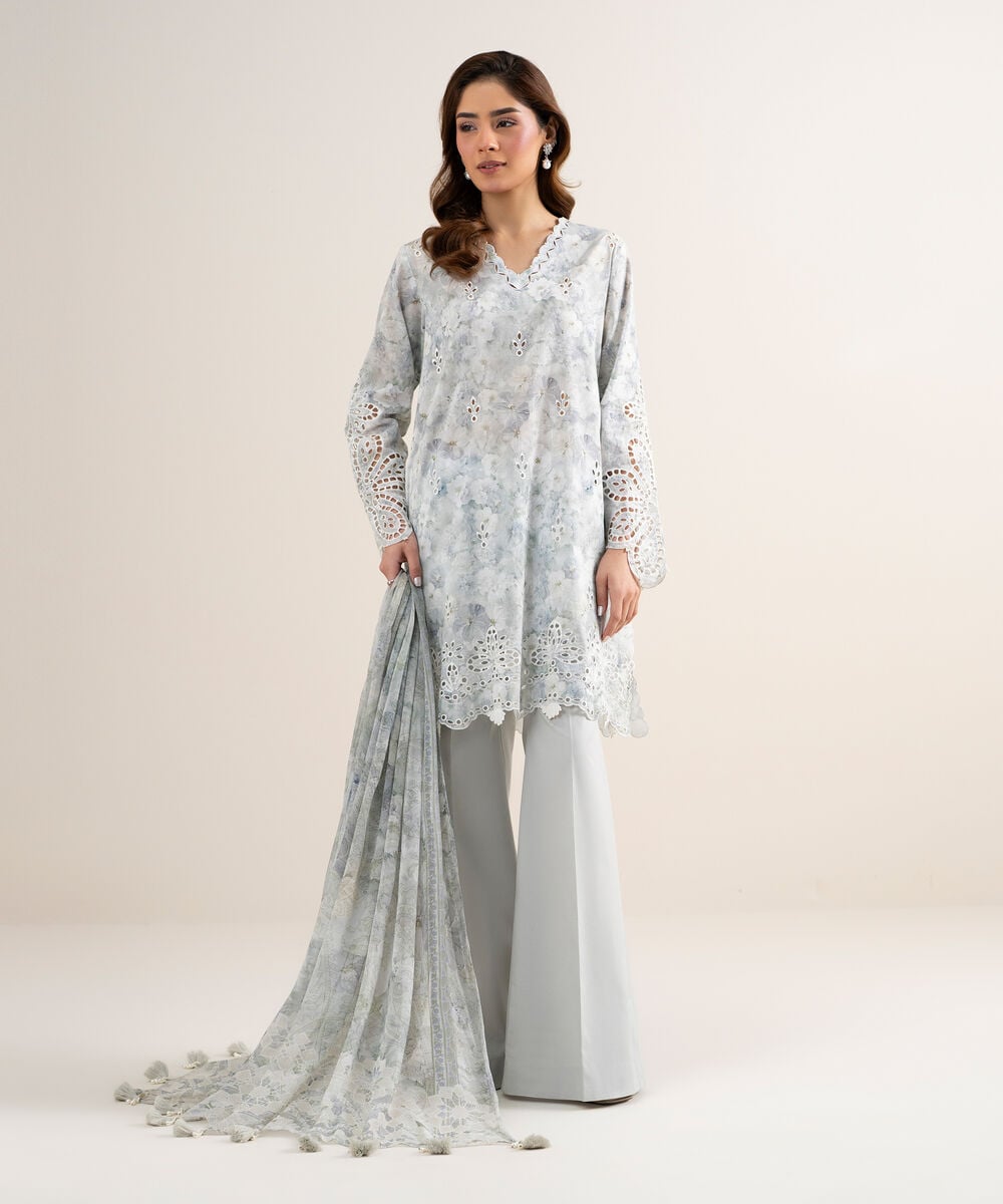 Women's Unstitched Lawn Embroidered Grey 3 Piece Suit