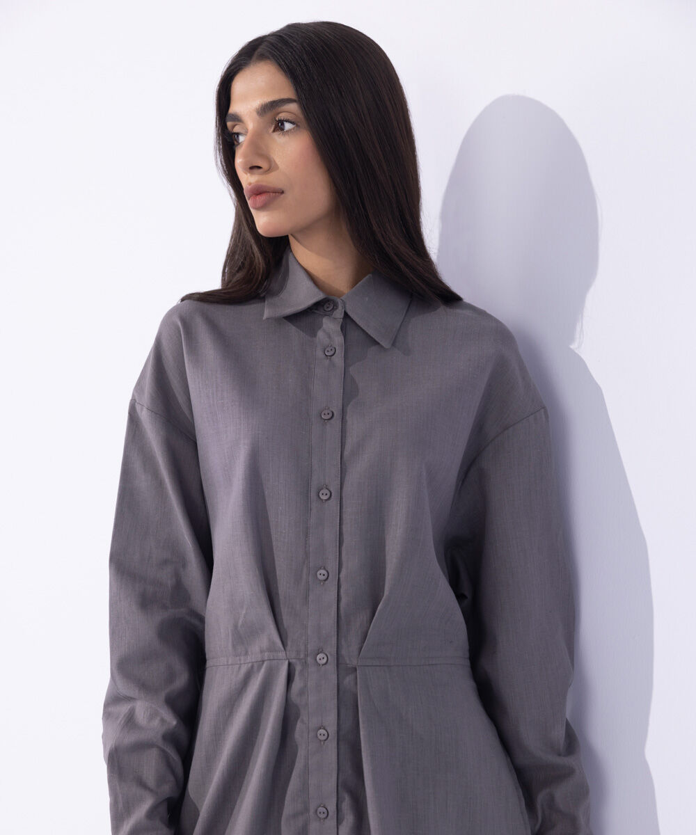 Women's Western Wear Grey Button- Through Linen Blend Dress