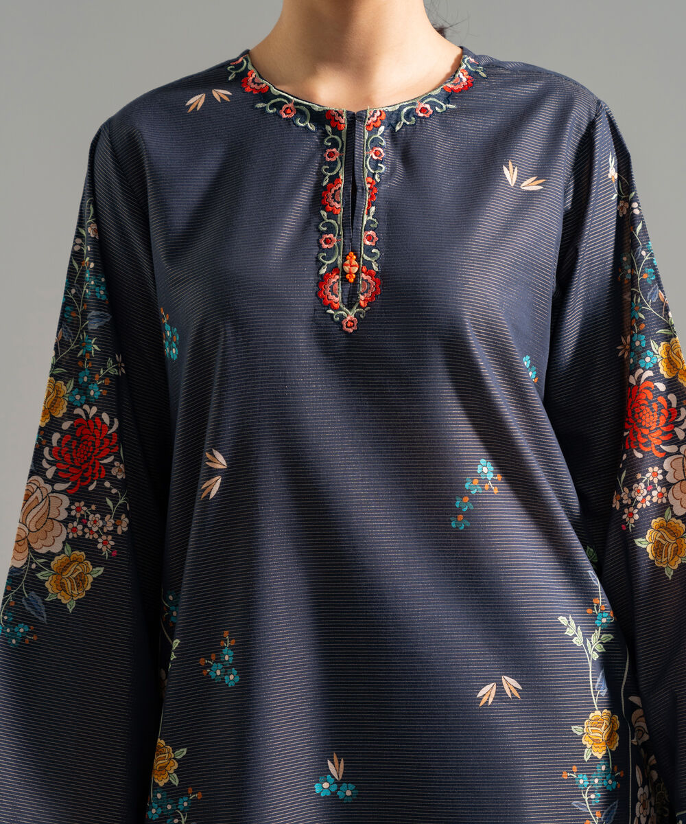 Women's RTW Zari Lawn Embroidered Blue Straight Shirt