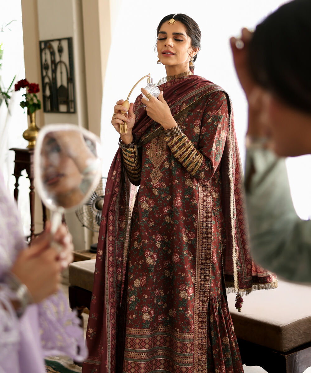 Women's Unstitched Lawn Embroidered Brown 3 Piece Suit