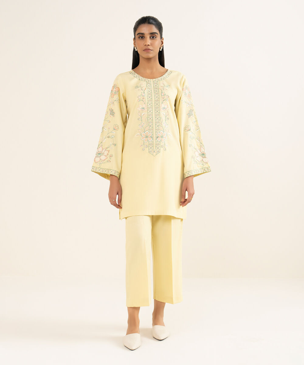 Women's RTW Self Jacquard Leno Embroidered Pale Yellow Straight Shirt