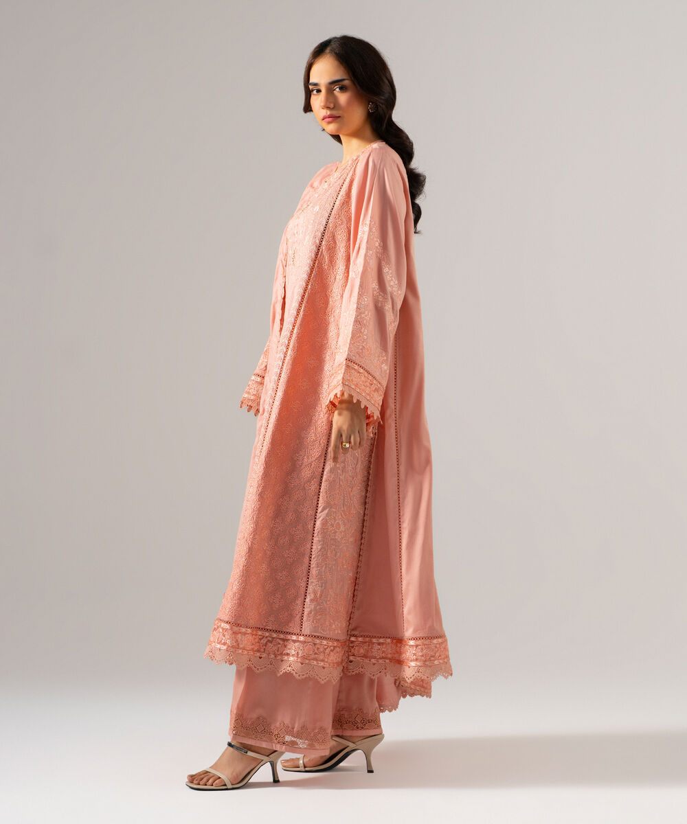 Women's RTW Cotton Satin Solid Embroidered Pink 3 Piece Suit
