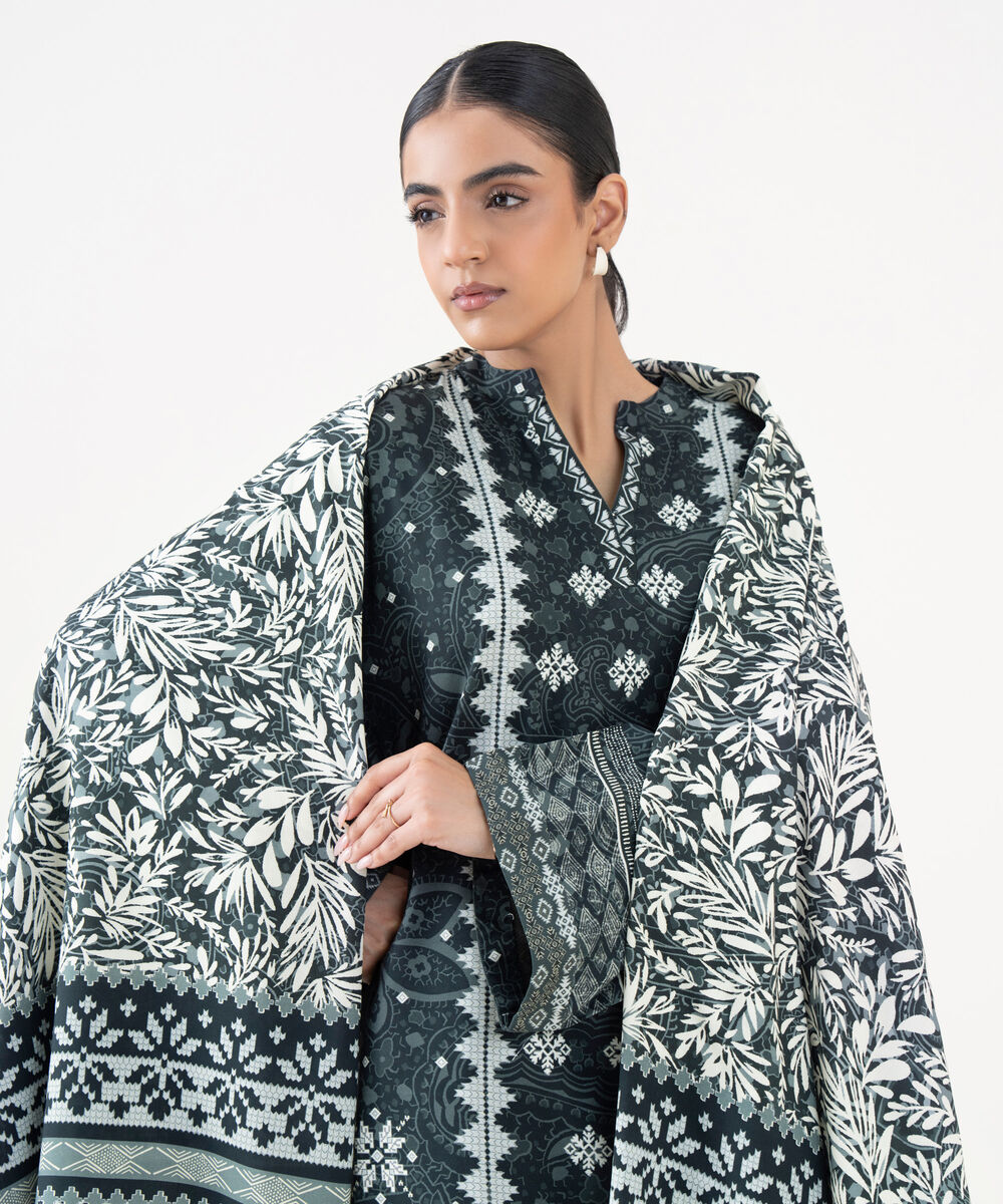 Women's Unstitched Linen Printed Grey 3 Piece Suit