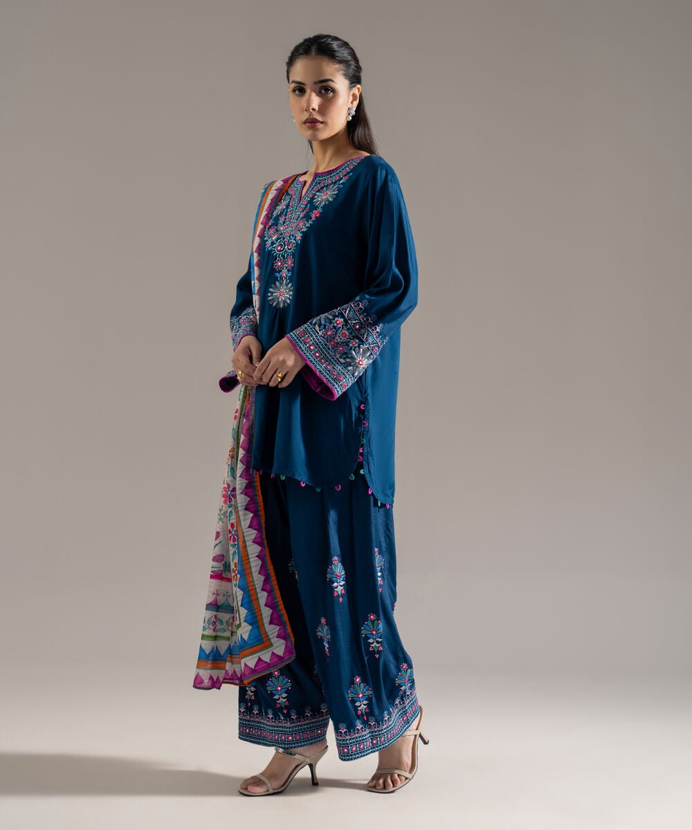 Women's RTW Solid Embroidered Blue Plain Silk 3 Piece Suit