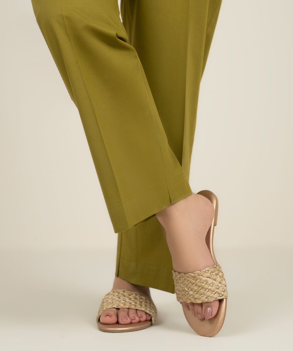 Women's RTW Cambric Solid Green Straight Pants