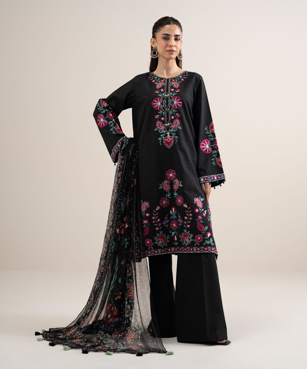 Women's Unstitched Dobby Embroidered Black 3 Piece Suit