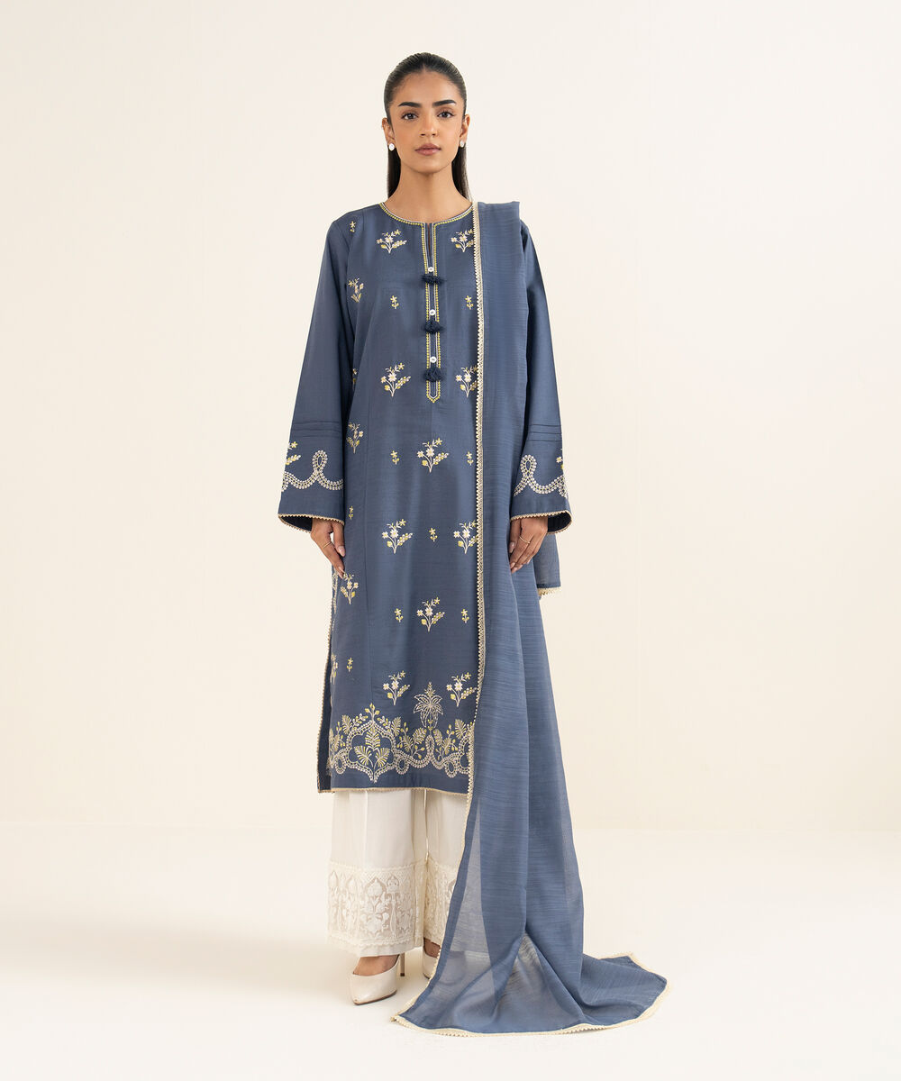 Women's RTW Light Khaddar Embroidered Blue A-Line Shirt