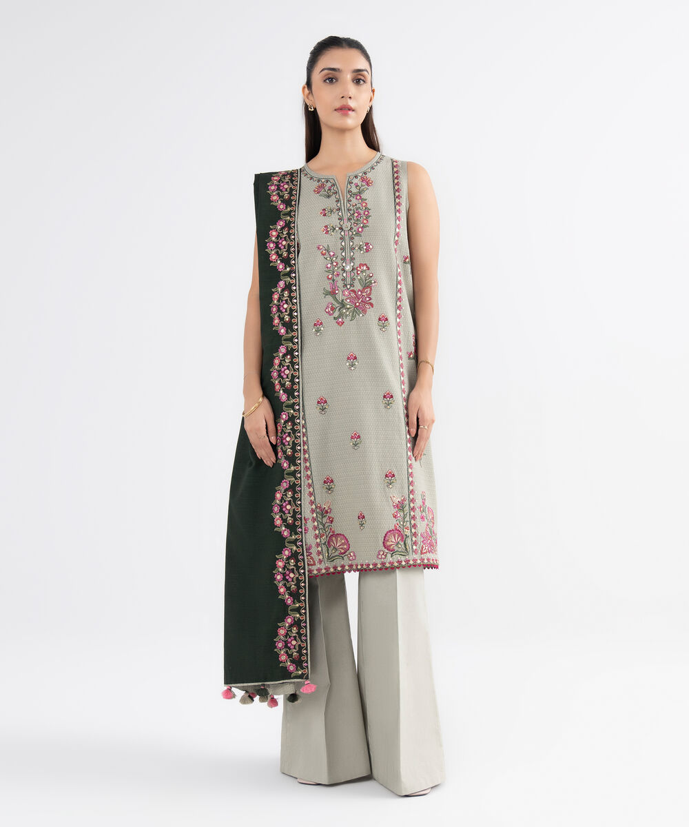 Women's Unstitched Dobby Embroidered Beige 3 Piece Suit