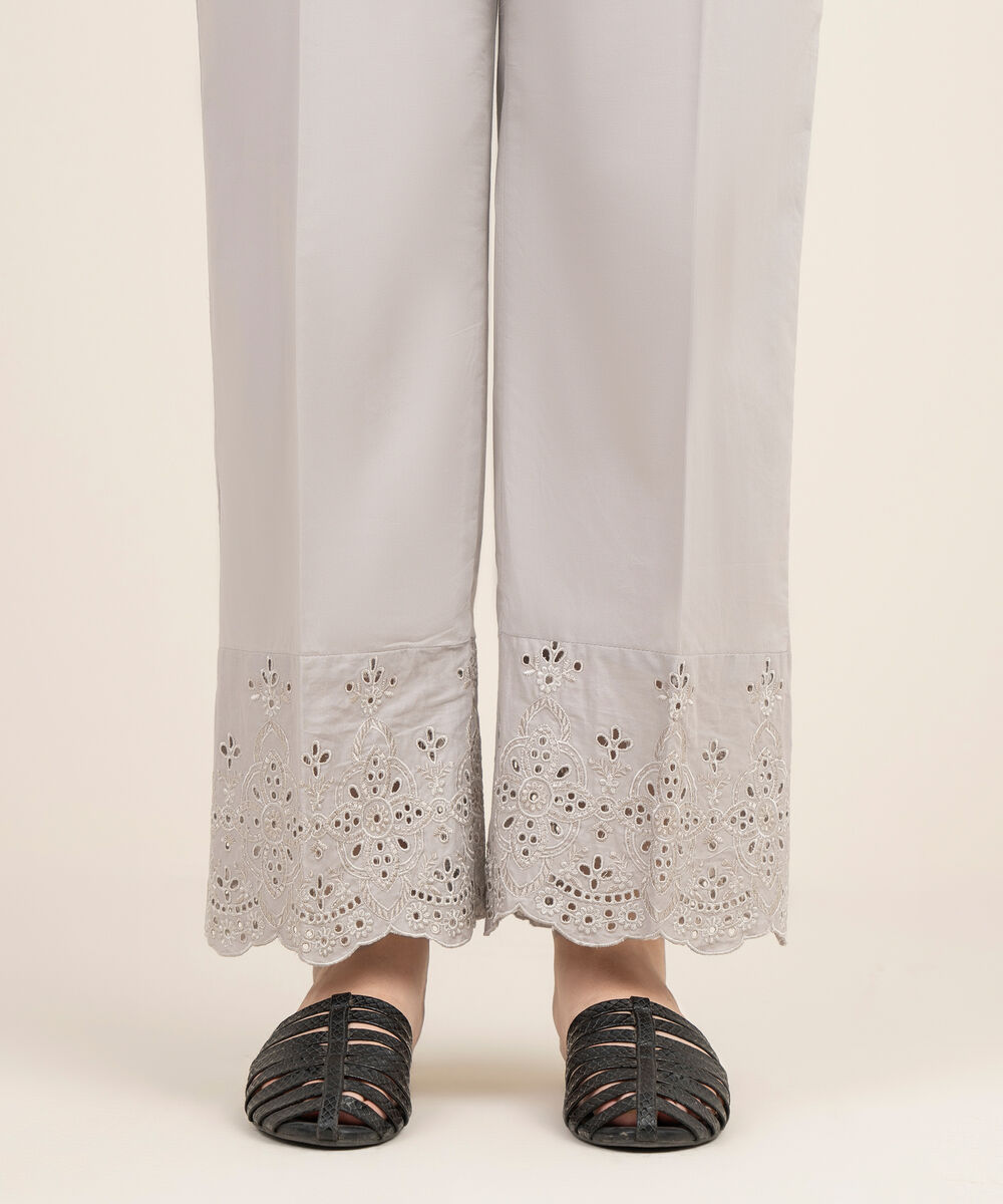 Women's RTW Cambric Embroidered Grey Straight Pants