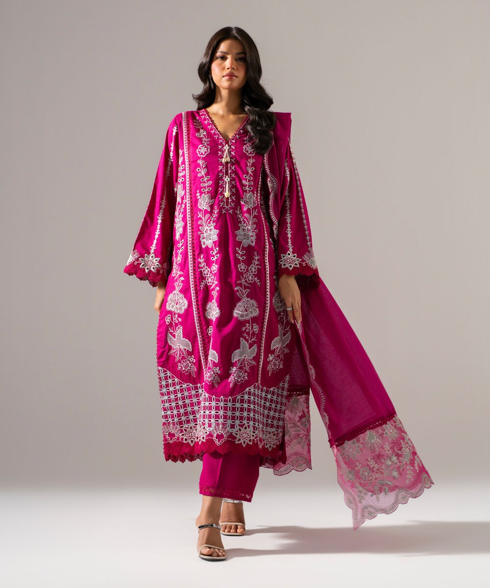 Women's RTW Dobby Solid Embroidered Purple 3 Piece Suit