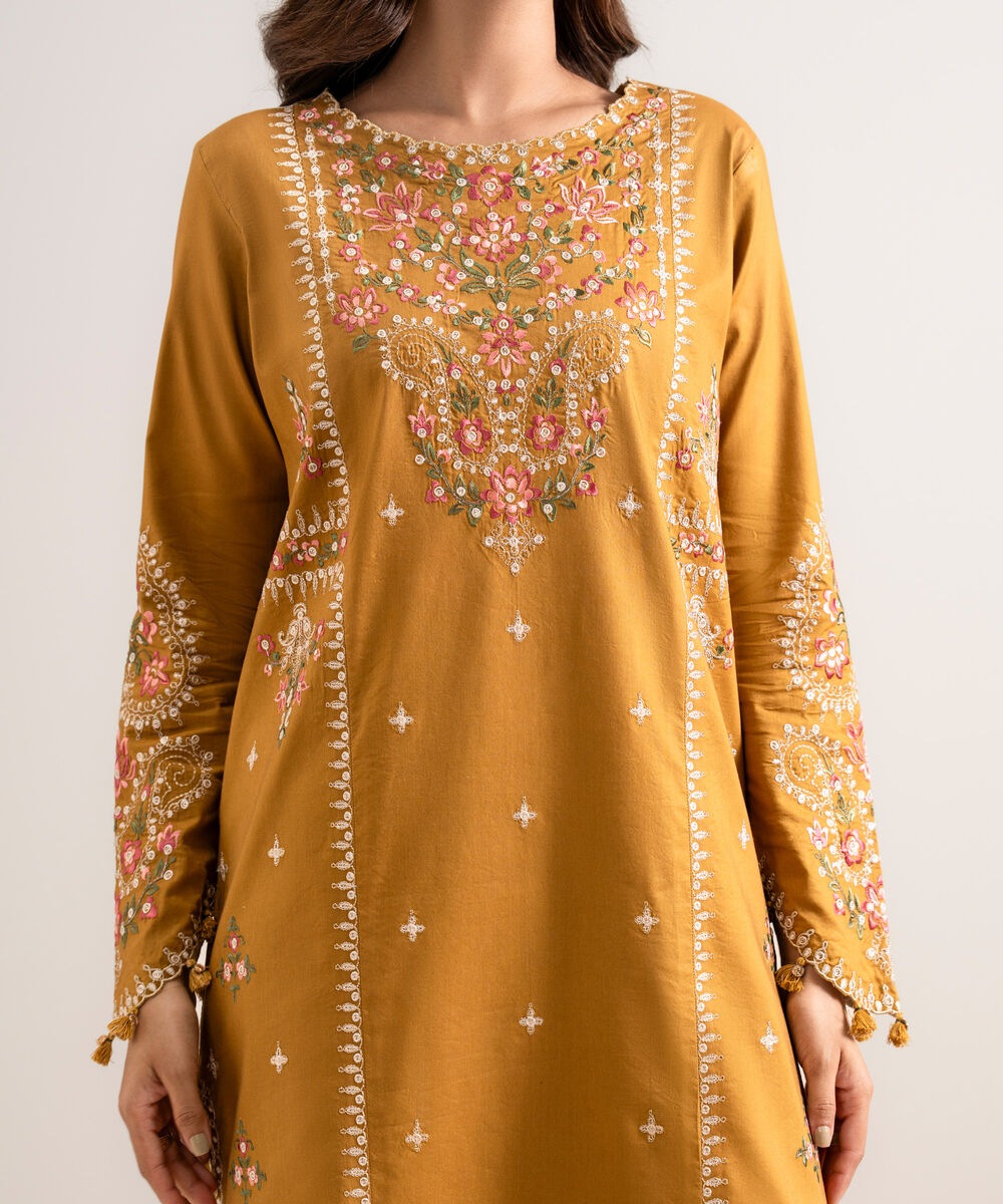 Women's Unstitched Embroidered Cotton Viscose Mustard 3 Piece Suit