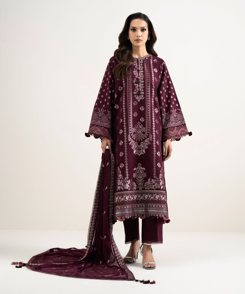 Women's Unstitched Extra Weft Jacquard Embroidered Red 3 Piece Suit