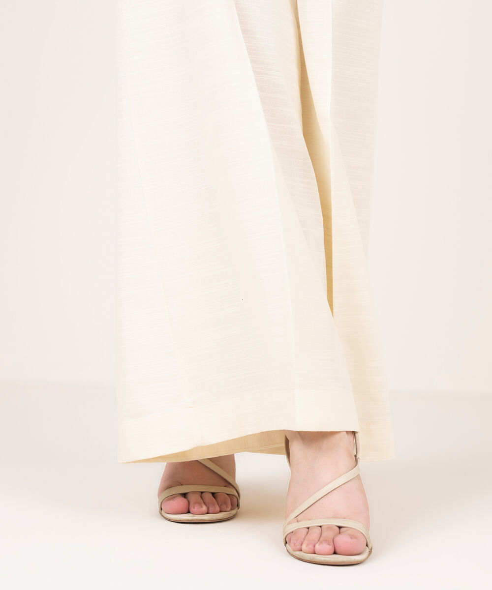 Women's RTW Khaddar Solid Off White Flared Pants