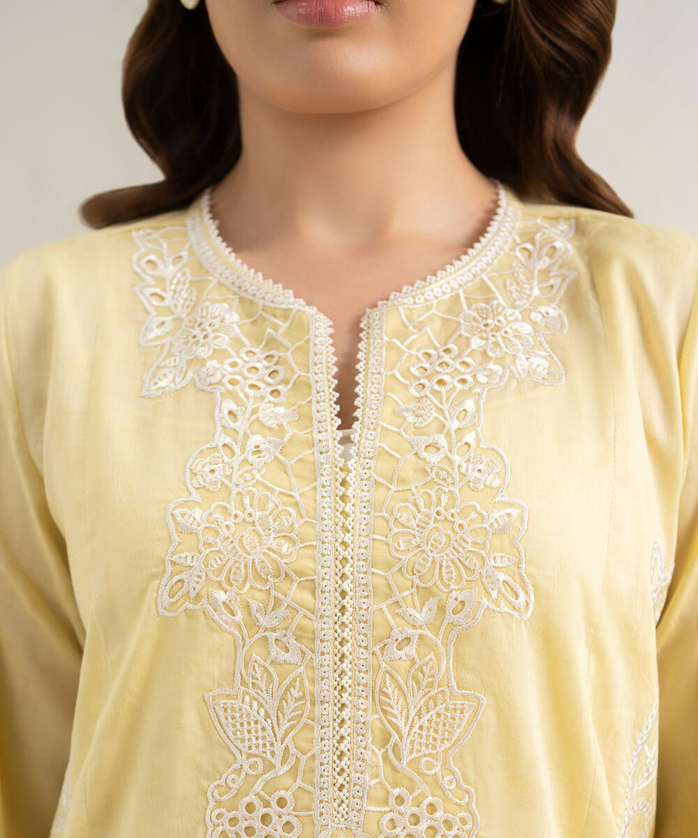 Women's RTW Self Jacquard Embroidered Yellow Straight Shirt