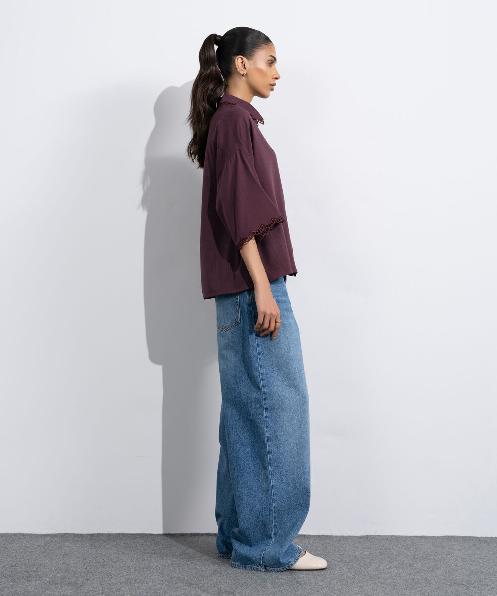 Women's Western Maroon Regular-Fit Shirt With Lace Trims