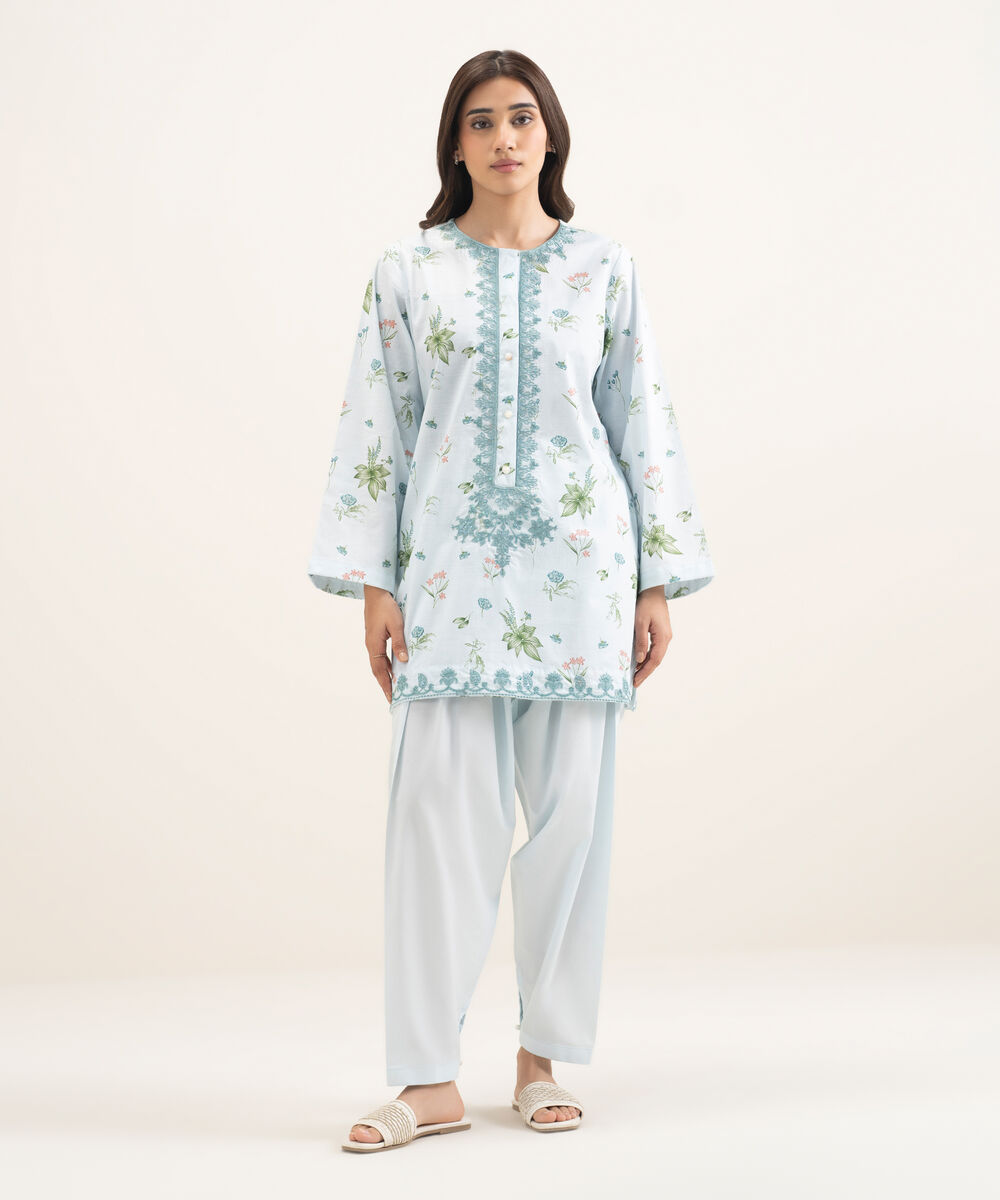 Women's RTW Cambric Embroidered Blue Straight Shirt