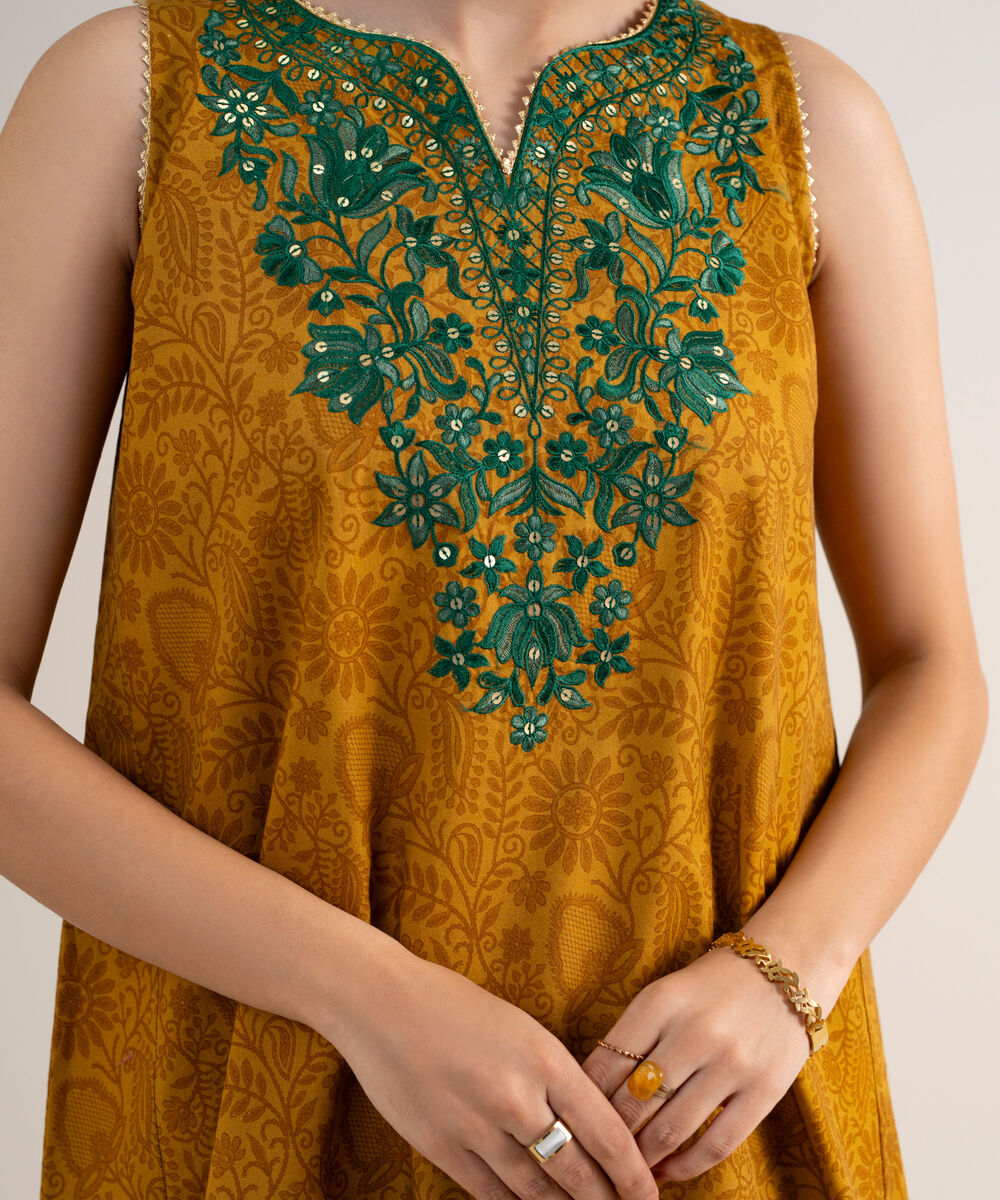 Women's Unstitched Cotton Embroidered Yellow 3 Piece Suit