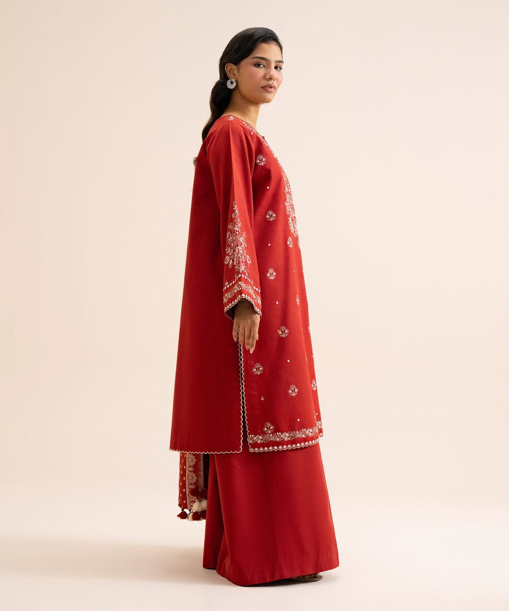 Women's Unstitched Light Khaddar Embroidered Red 3 Piece Suit
