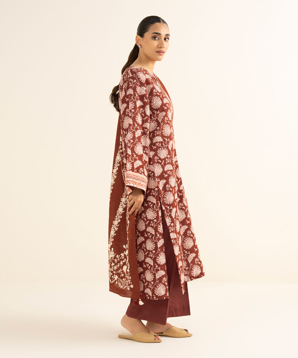 Women's Unstitched Lawn Printed Red 3 Piece Suit