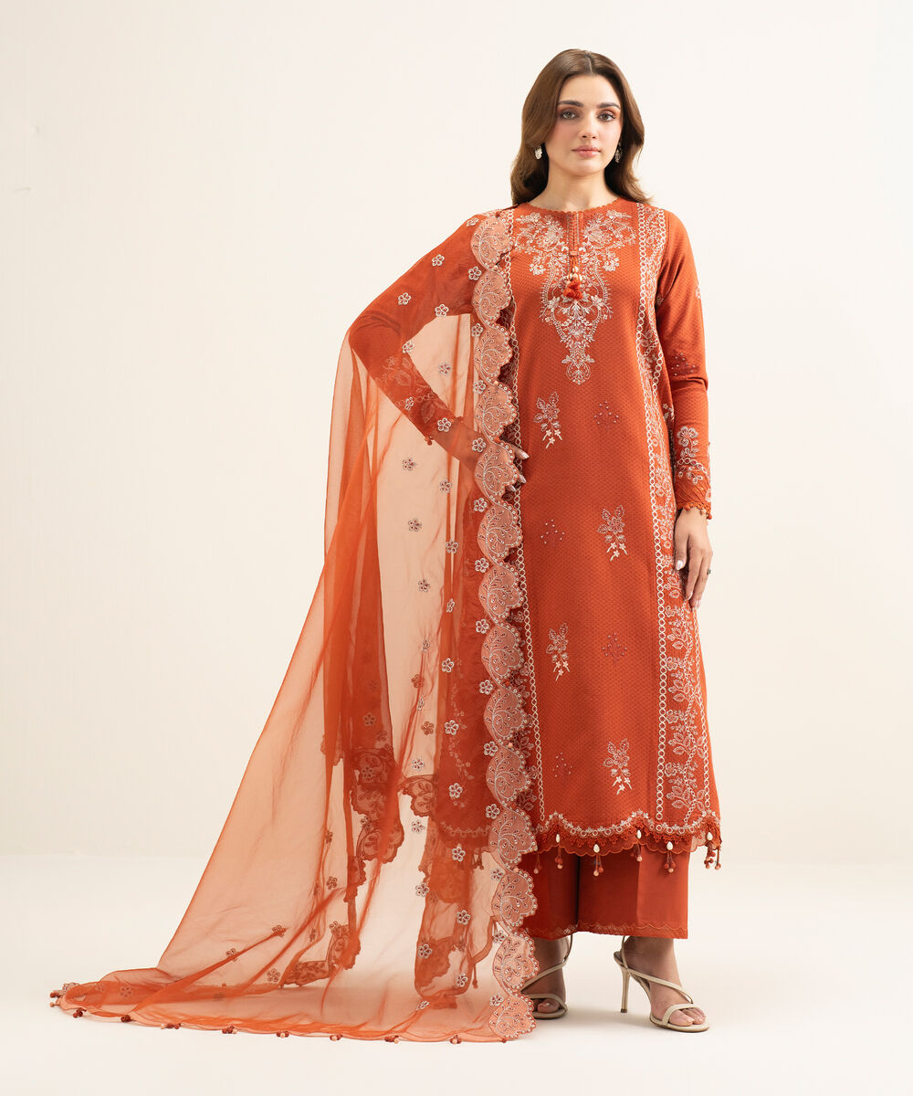 Women's Unstitched Dobby Embroidered Orange 3 Piece Suit