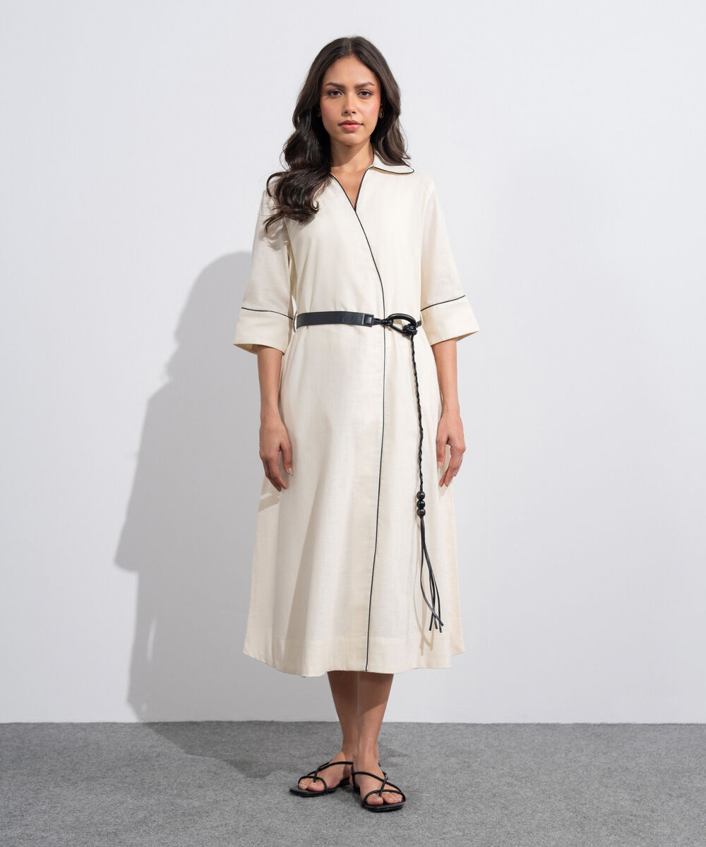 Women's Western Beige Maxi Dress With Belt