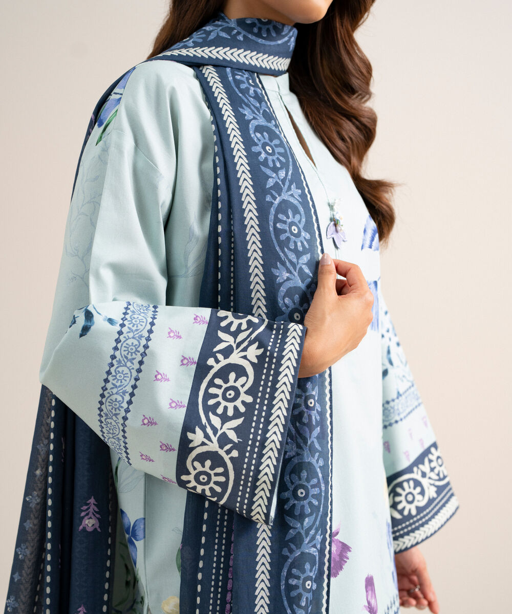 Women's Unstitched Cotton Printed Light Blue  3 Piece Suit