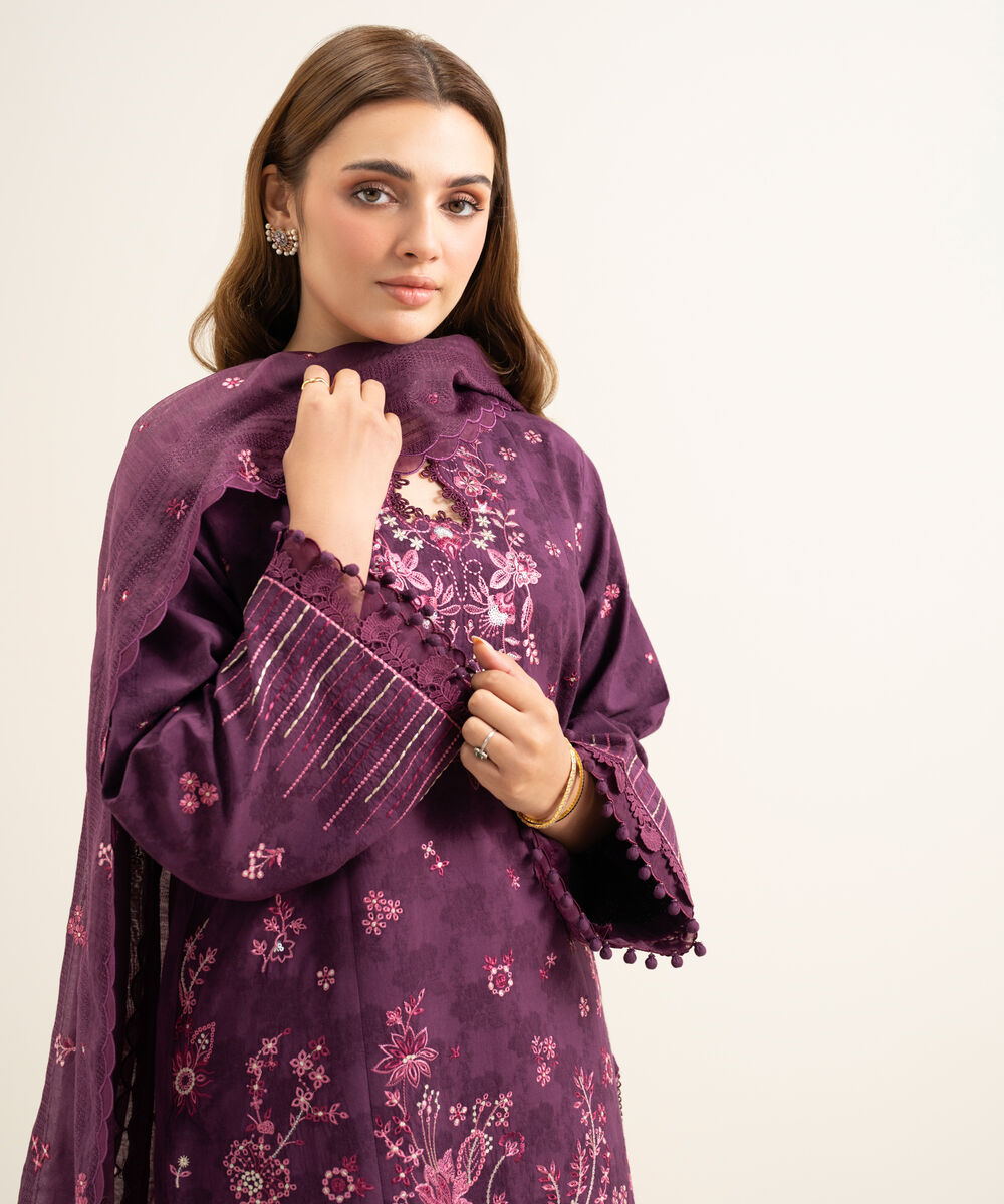 Women's Unstitched Cotton Jacquard Embroidered Purple 3 Piece Suit