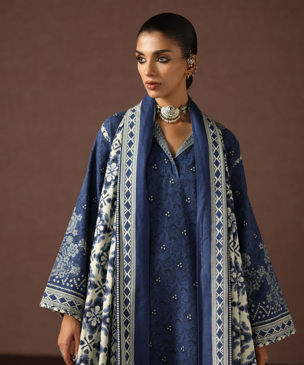 Women's Unstitched Light Khaddar Printed Blue 3 Piece Suit