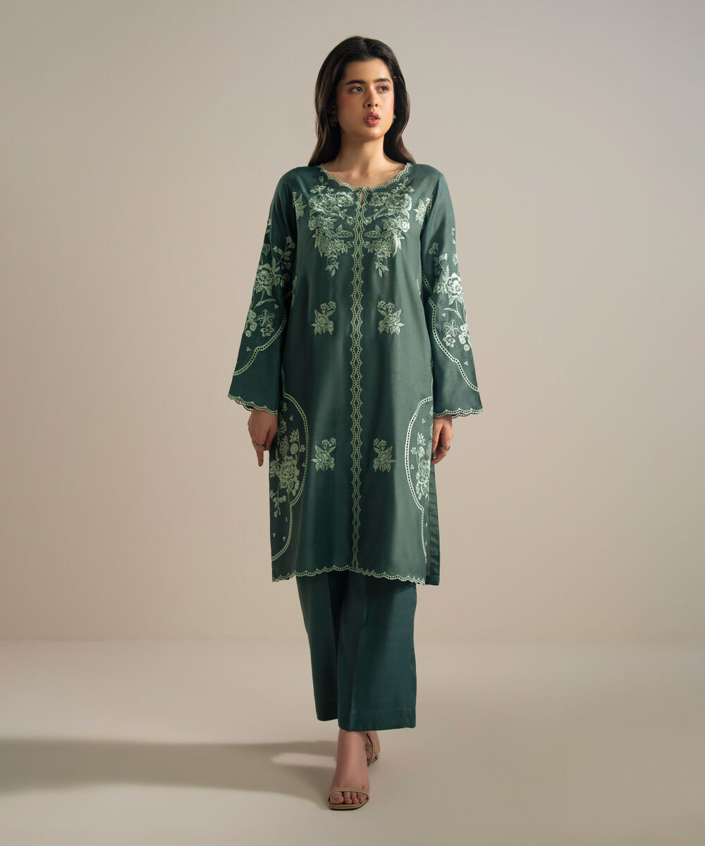 Women's RTW Viscose Raw Silk Embroidered Green 2 Piece Suit
