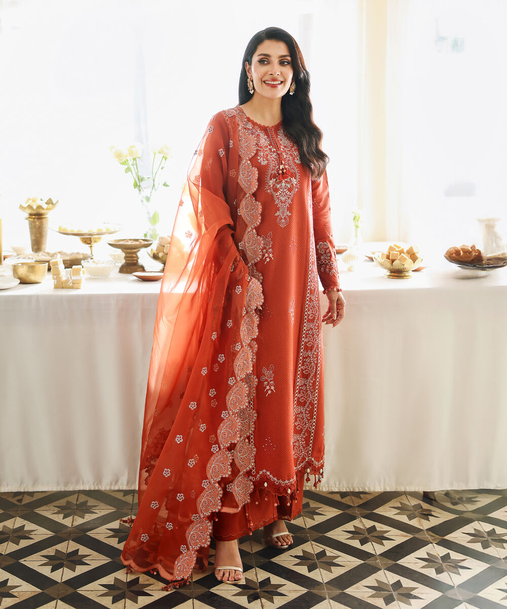 Women's Unstitched Dobby Embroidered Orange 3 Piece Suit