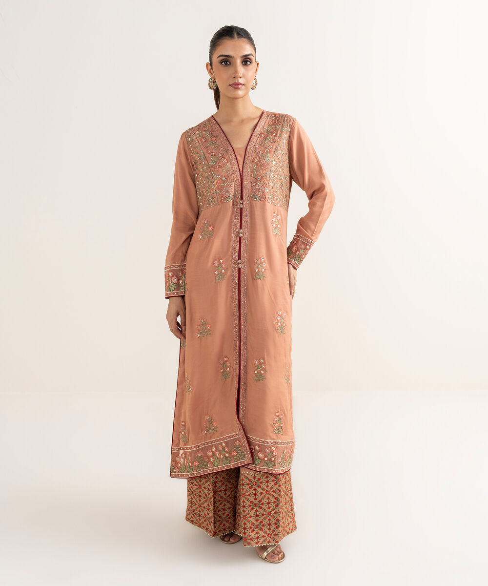 Women's RTW Viscose Raw Silk Pink Embroidered Peshwas