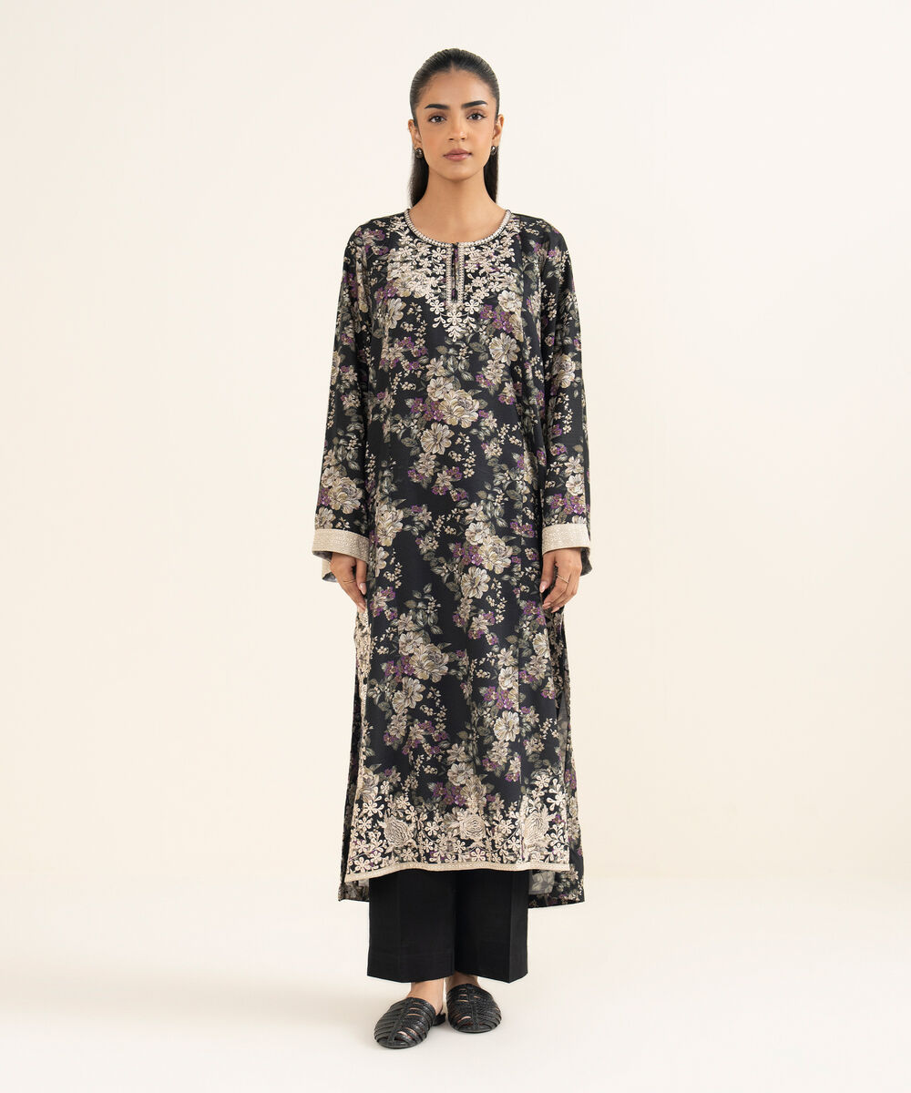 Women's RTW Herringbone Embroidered Black A-Line Shirt