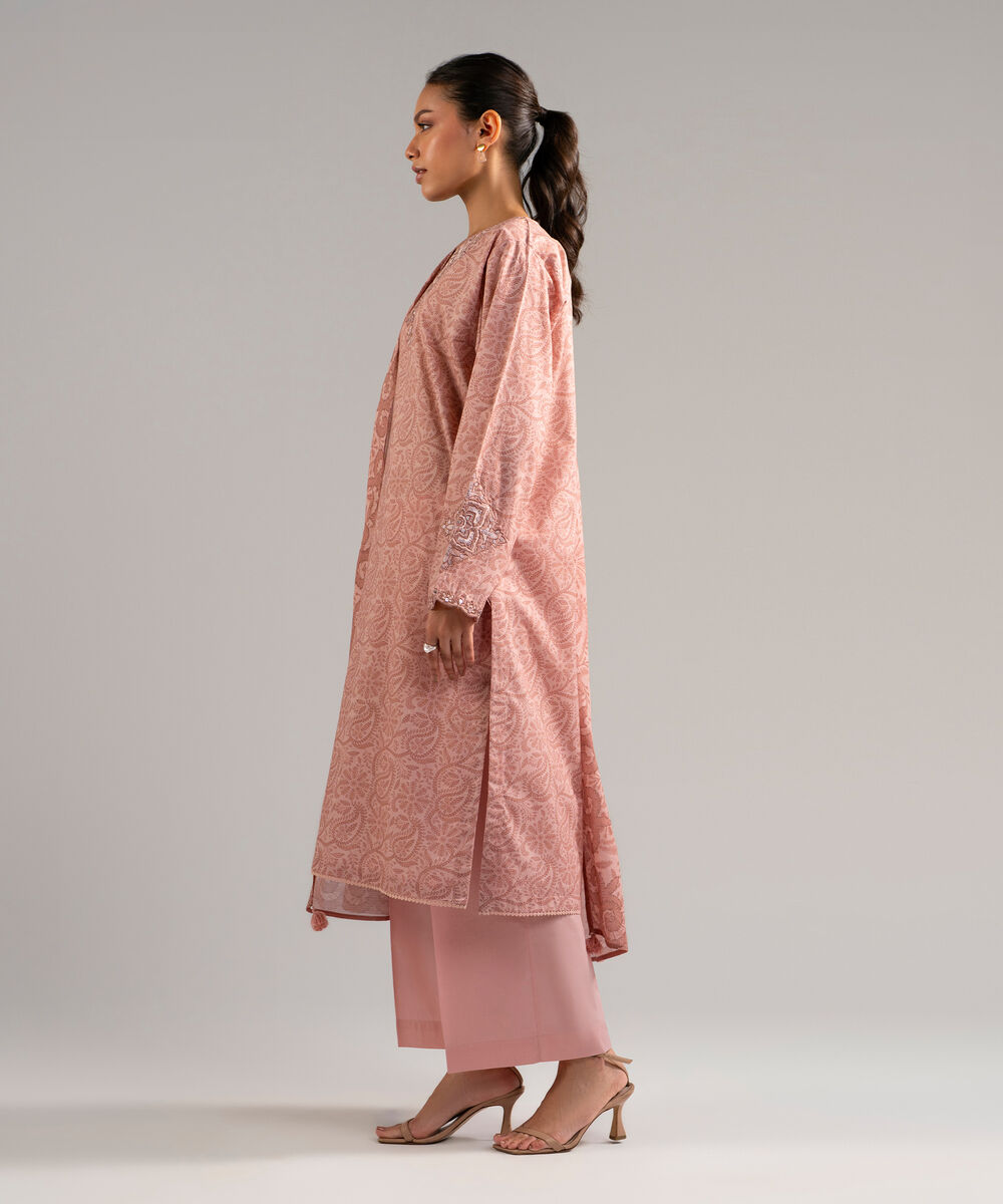 Women's RTW Slub Lawn Embroidered Pink 3 Piece Suit