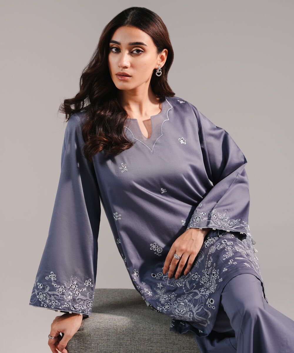 Women's RTW Cotton Satin Embroidered Steel Grey Straight Shirt