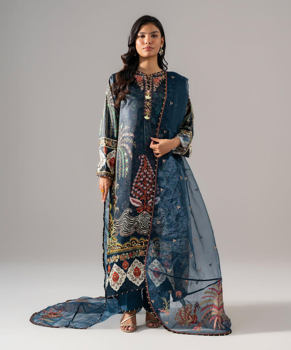 Women's RTW Blended Satin Embroidered Black 3 Piece Suit