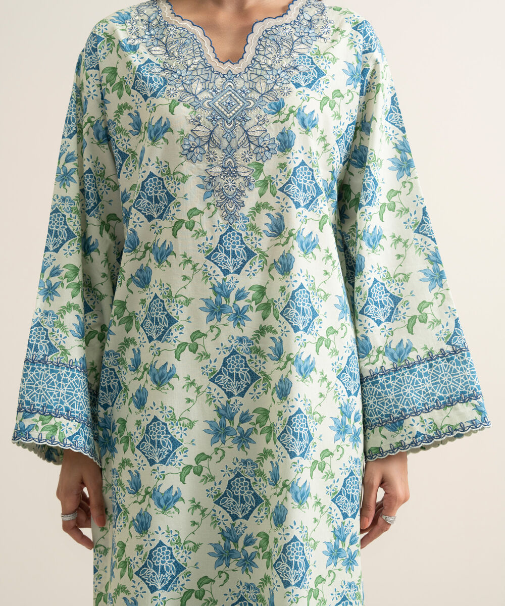 Women's Unstitched Lawn Embroidered Off White and Blue 3 Piece Suit