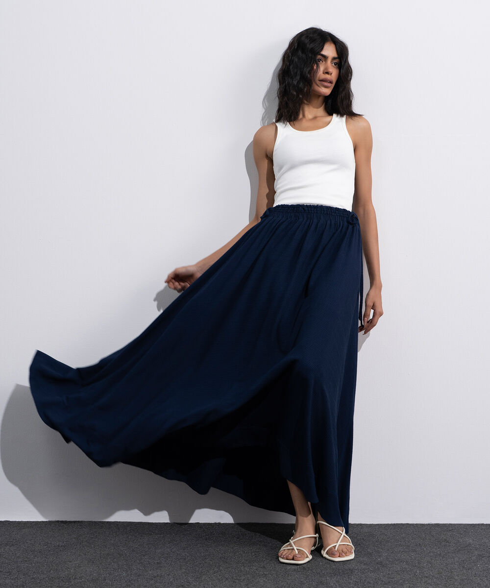 Women's Blue Smocked Skirt With Tie Detail