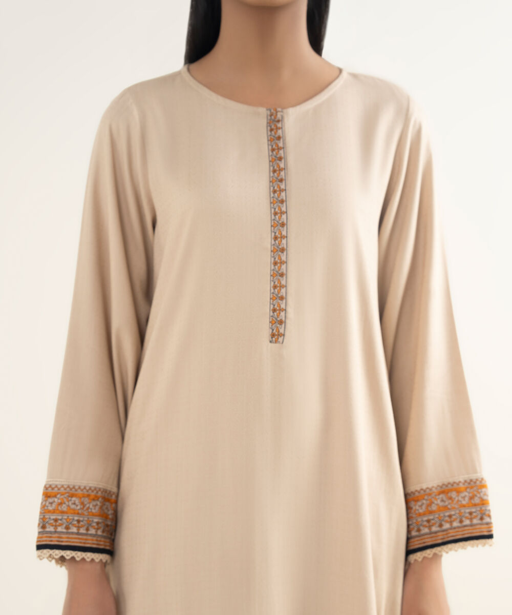 Women's RTW Textured Viscose Solid Beige A-Line Shirt