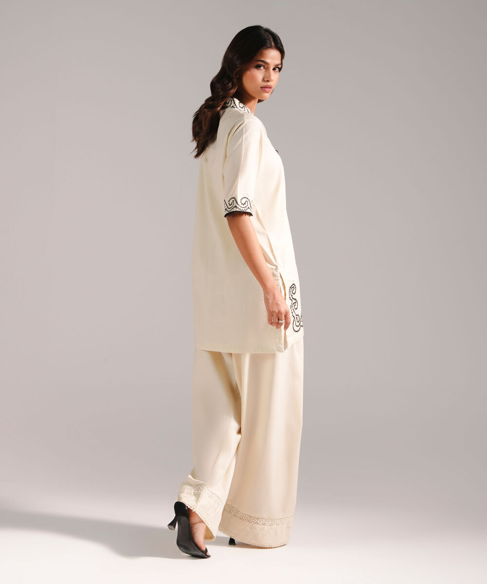 Women's RTW Slub Lawn Embroidered Off White Straight Shirt