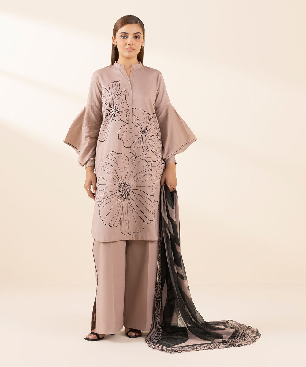 Women's Unstitched Lawn Embroidered Pink 3 Piece Suit