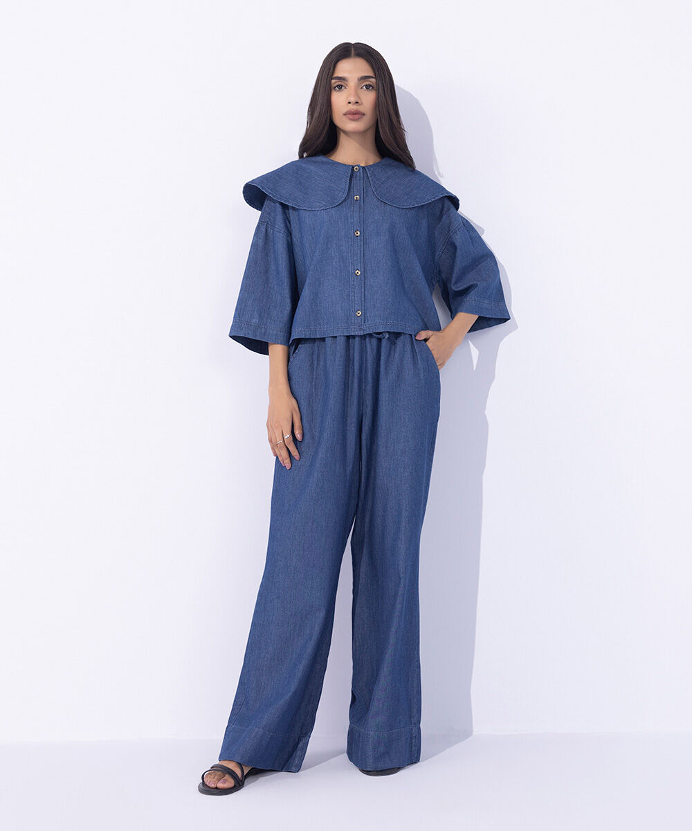 Women's Western Wear Blue Peter Pan Cropped Shirt