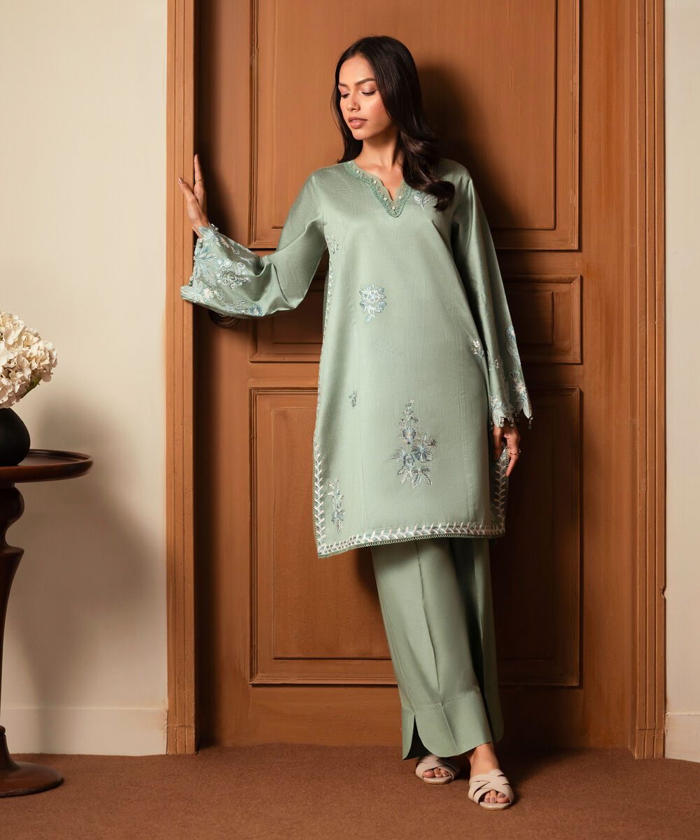Women's RTW Silk Cotton Net Embroidered Green 2 Piece Suit