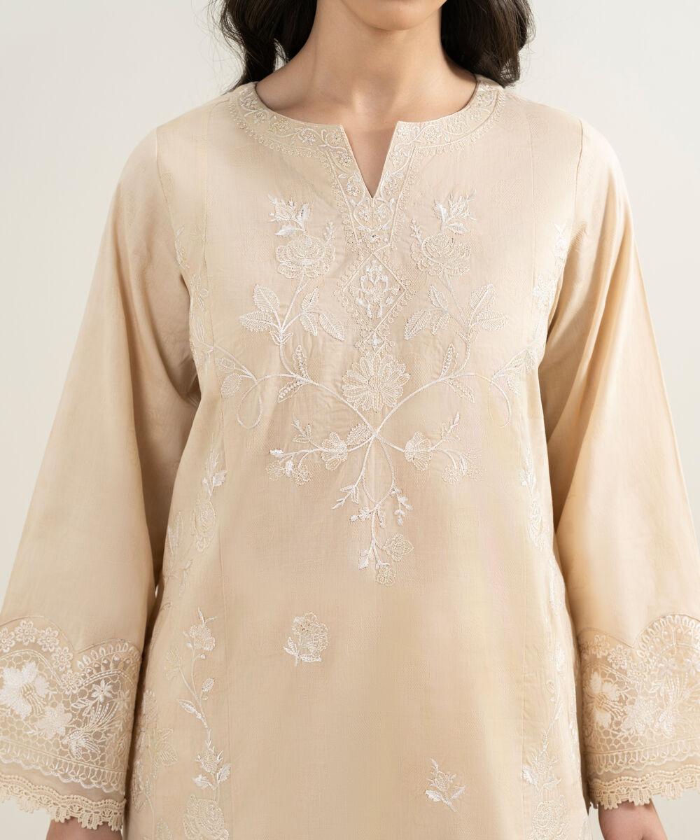 Women's RTW Self Jacquard Embroidered Beige Straight Shirt