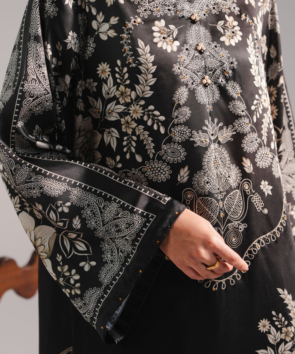 Women's RTW Blended Satin Printed Dark Brown 2 Piece Suit