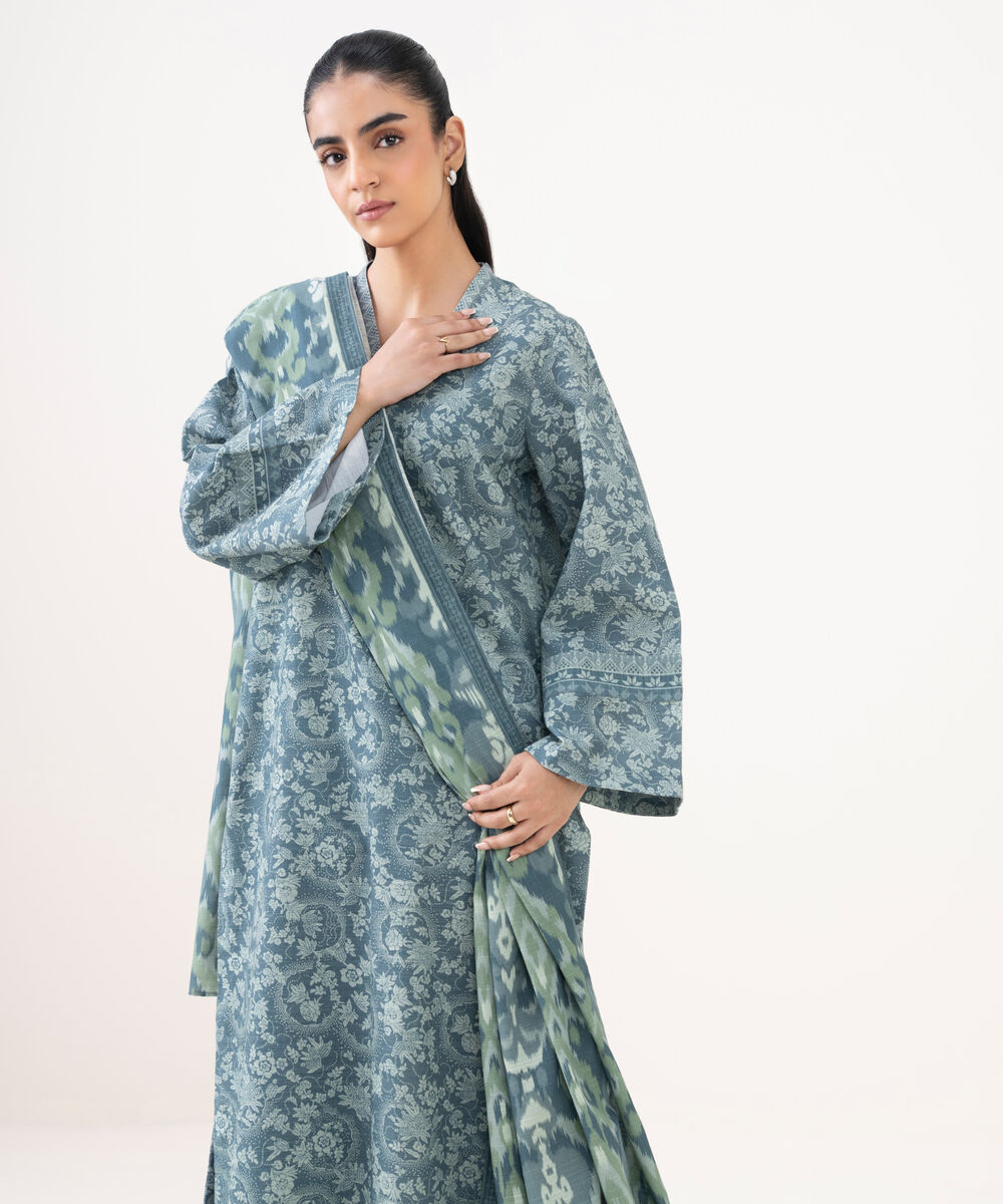 Women's Unstitched Khaddar Printed Blue 3 Piece Suit