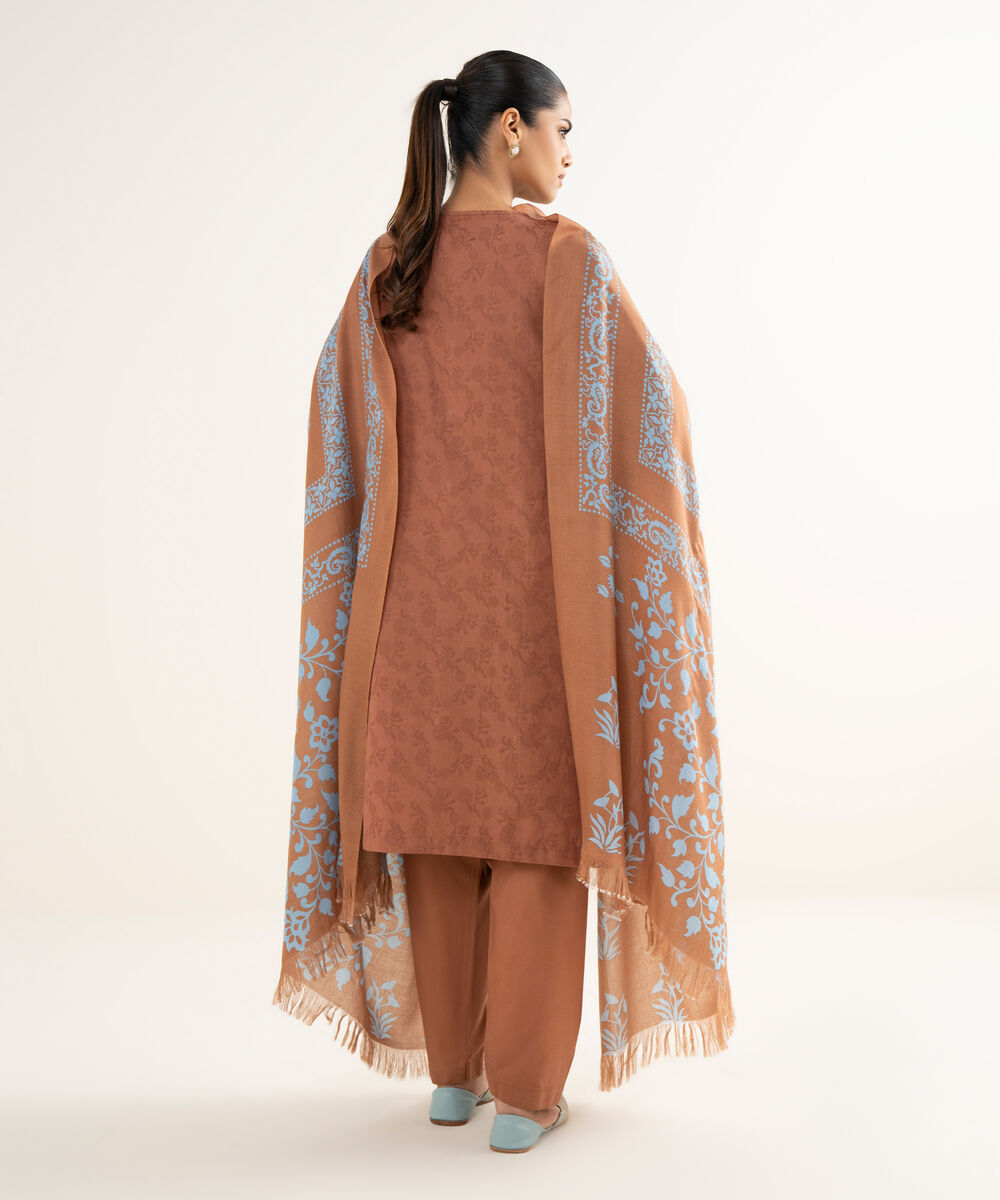 Women's Unstitched Cotton Jacquard Embroidered Brown 3 Piece Suit