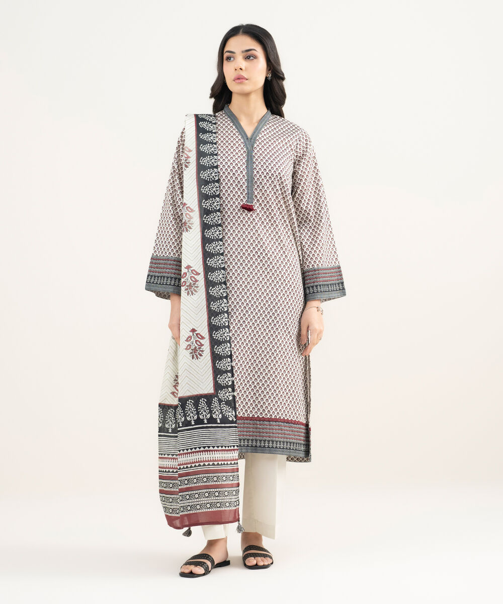 Women's RTW Lawn Printed White 3 Piece Suit