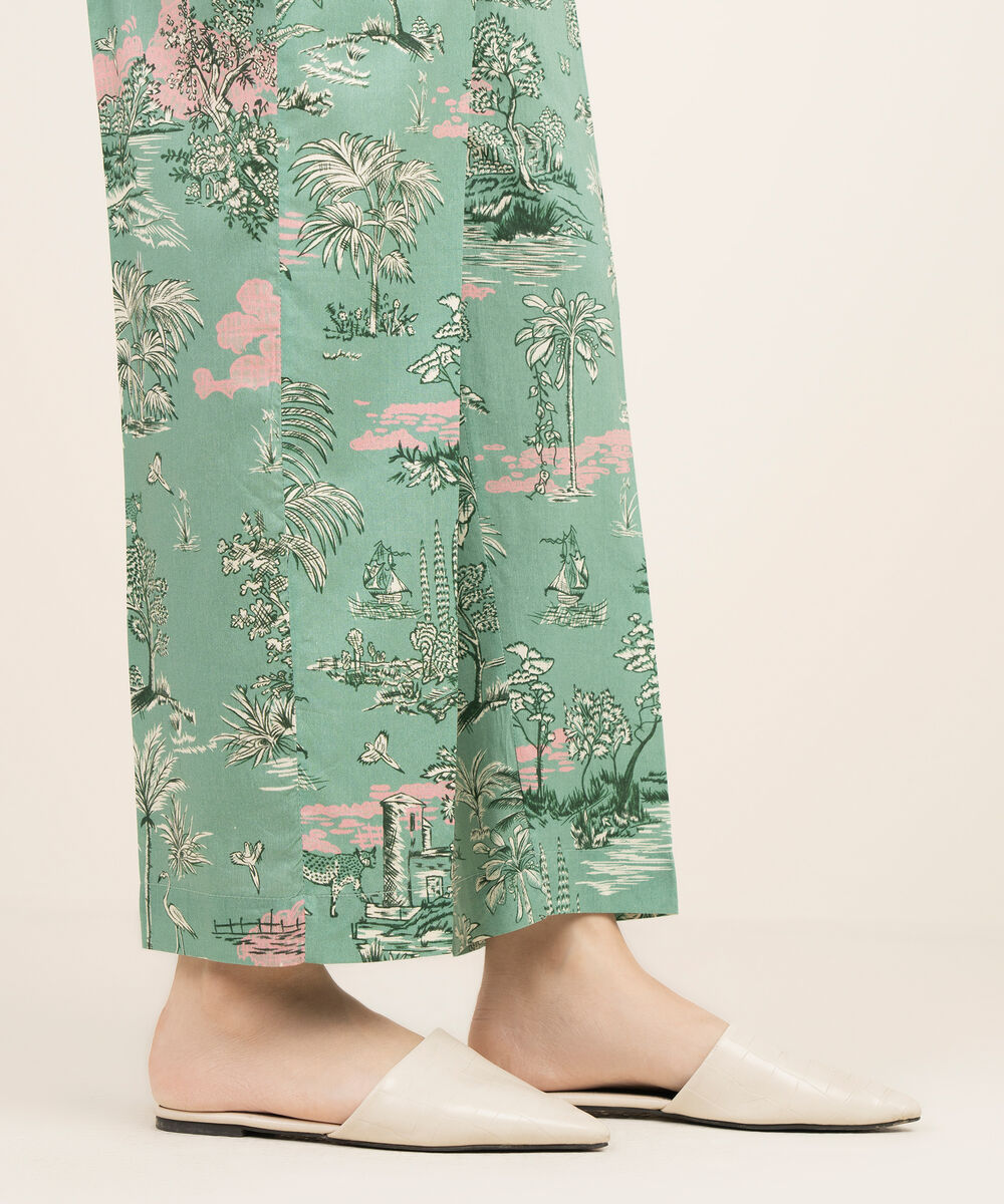 Women's RTW Cotton Viscose Printed Green Straight Pants